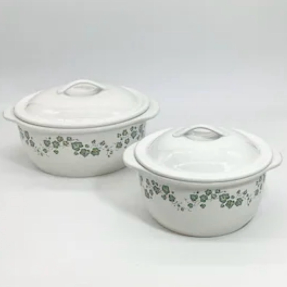 Elegant White Casserole Dish Set with Green Ivy Design
